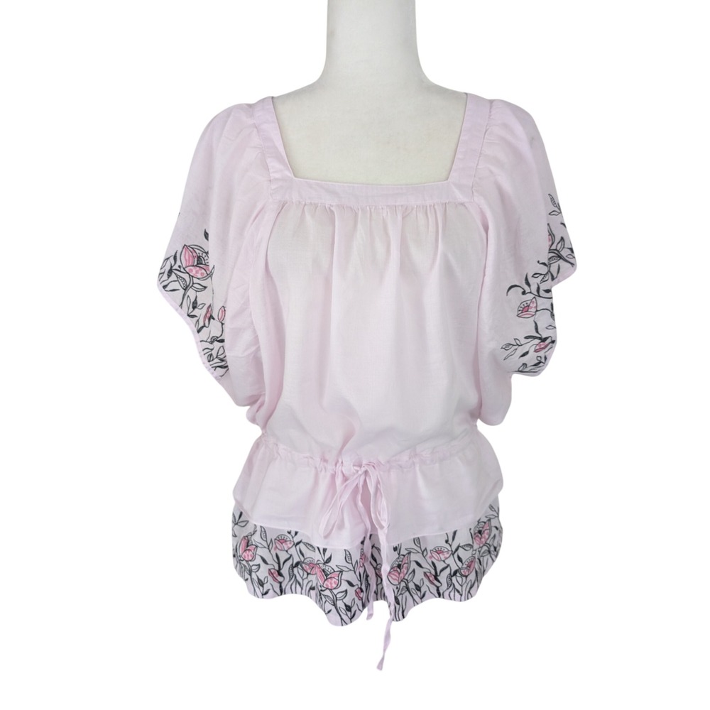She's Pink Floral Embroidered Peasant Blouse Square Neck Drawstring Waist Large